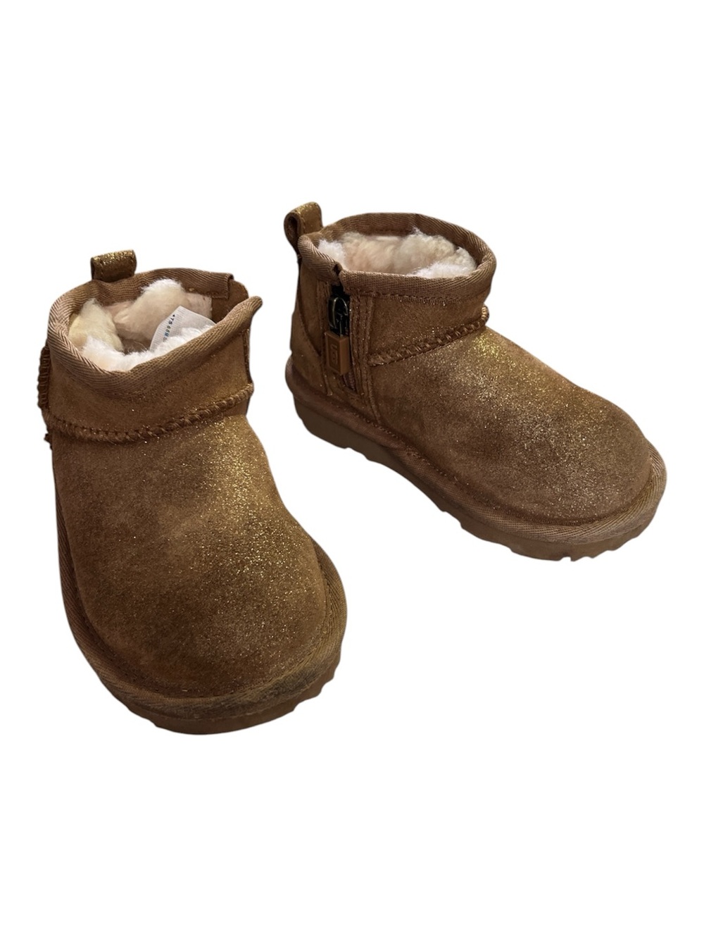 UGG Classic Ultra Mini Dazzle Chestnut Gold Glitter Boots Toddler Size 4T EUC